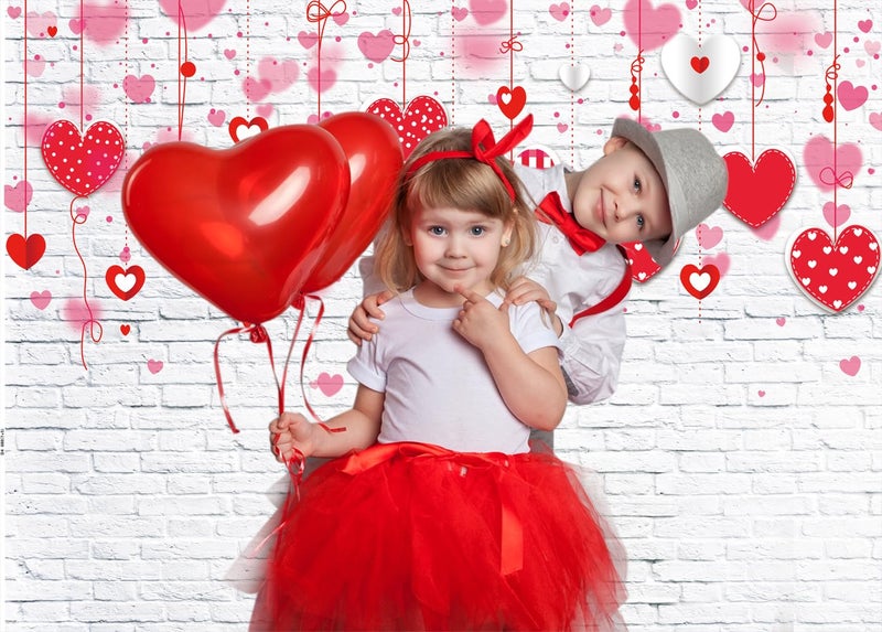 LTLYH 7x5ft Valentine's Day Backdrop White Brick Wall Red Hearts Photography Background for Mother's Day Wedding Bridal Shower Birthday Party Decor Banner Portrait Photo Booth Props 088 - Image 3